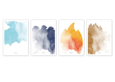 FOUR Elements Air Water Fire Earth Aquarell A4 vier Elemente Poster Luft Wand alle
